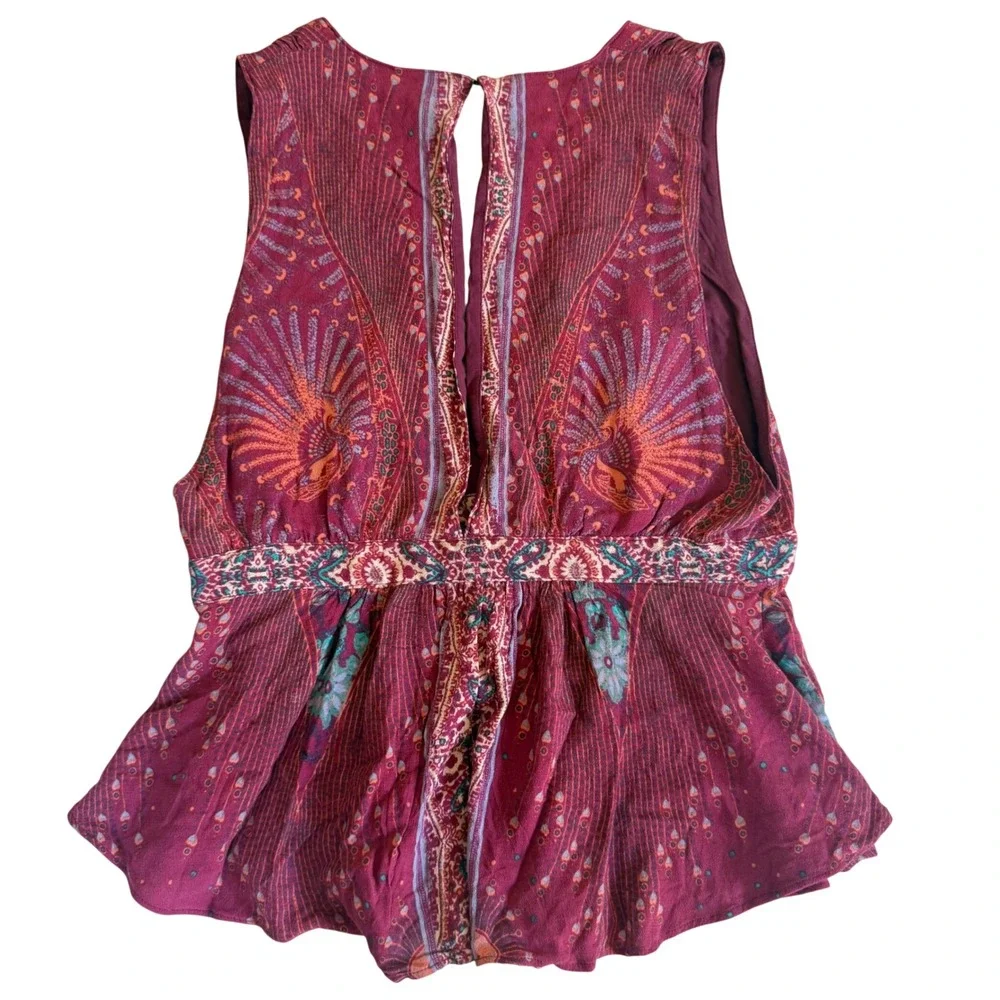 Free People Peplum Top Womens S Burgundy Paisley Sleeveless Boho V-Neck